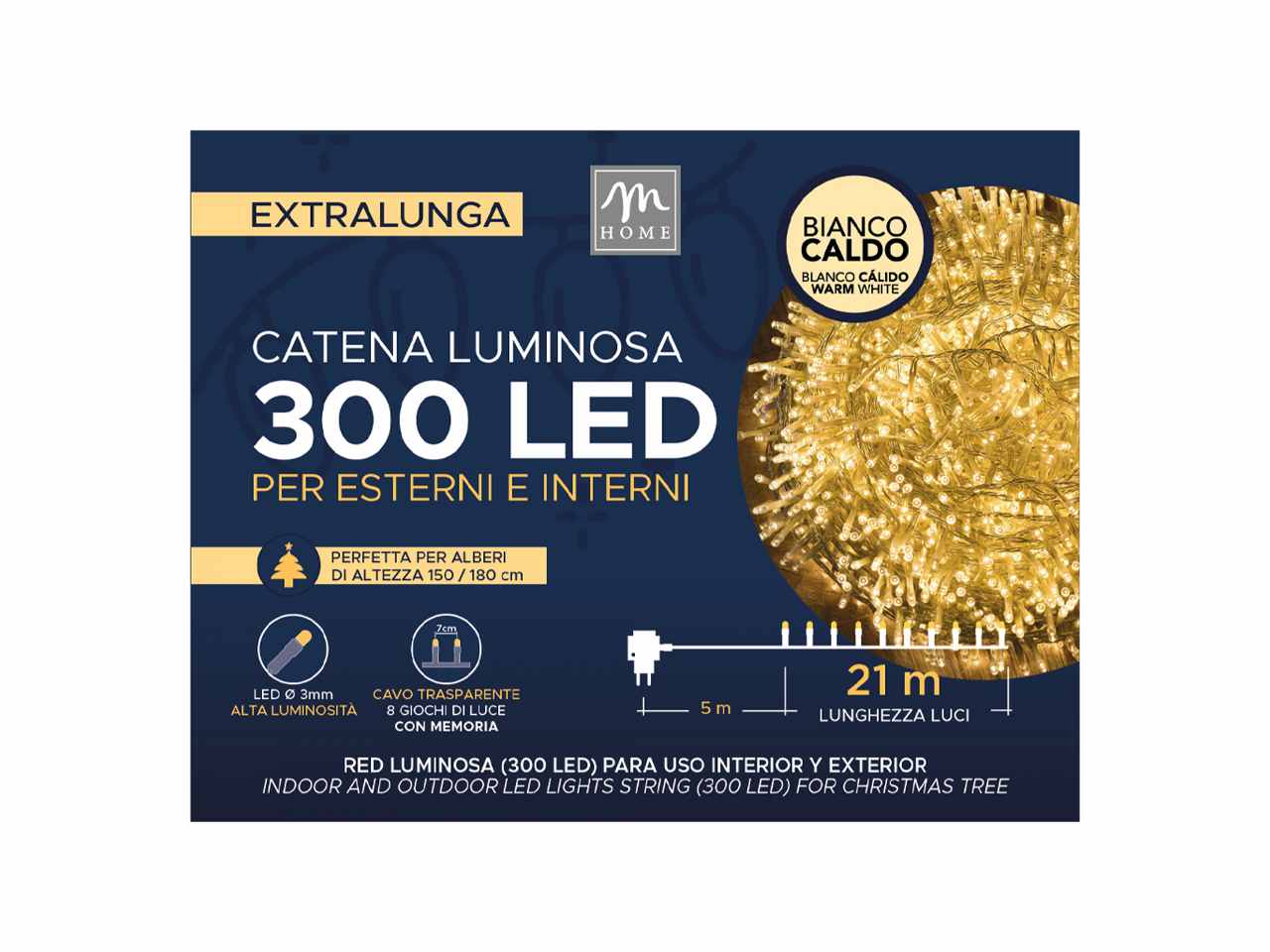 Catena luminosa 300 led colore bianco caldo 8 giochi da esterno 26m in scatola