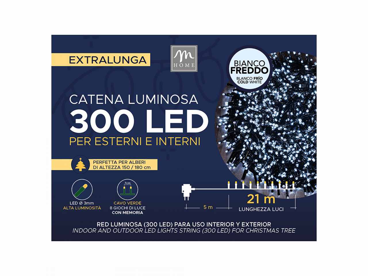 Catena luminosa 300 led colore bianco 8 giochi da esterno 26m in scatola