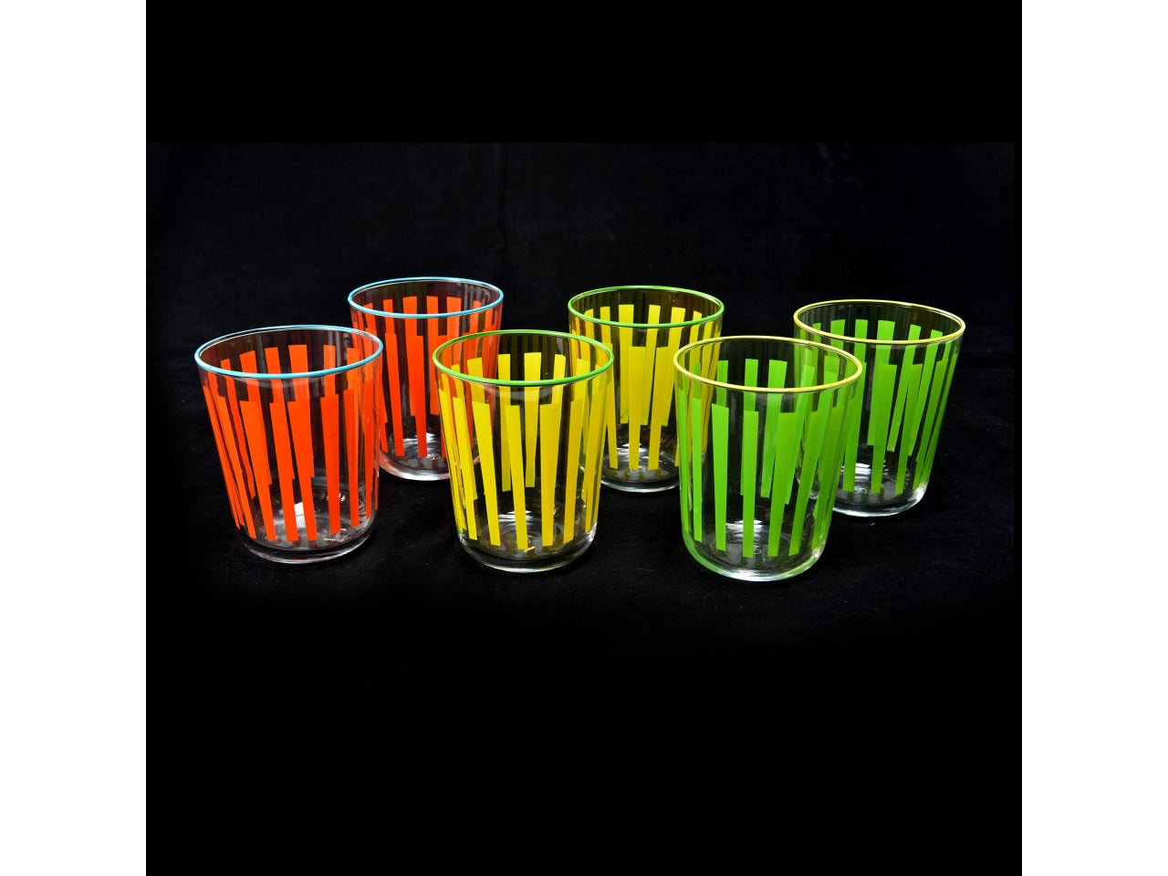 Set da 6 bicchieri vetro righe 315ml acqua colori assortiti in scatola regalo d.8cmxh.9,5cm - 315ml
