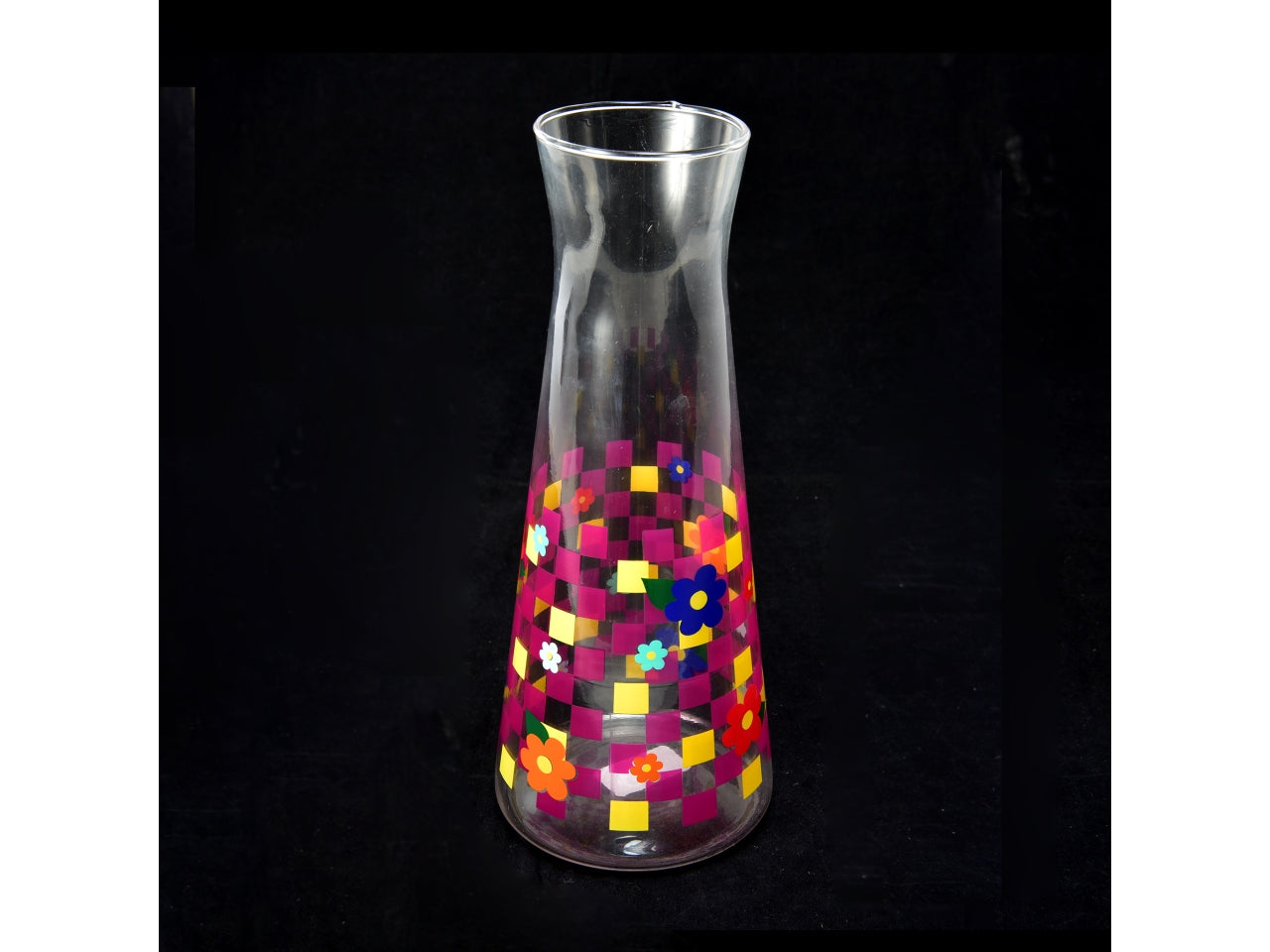 Bottiglia in vetro a quadretti & fiori l.1,15 d.10,5xh.25cm scatola regalo