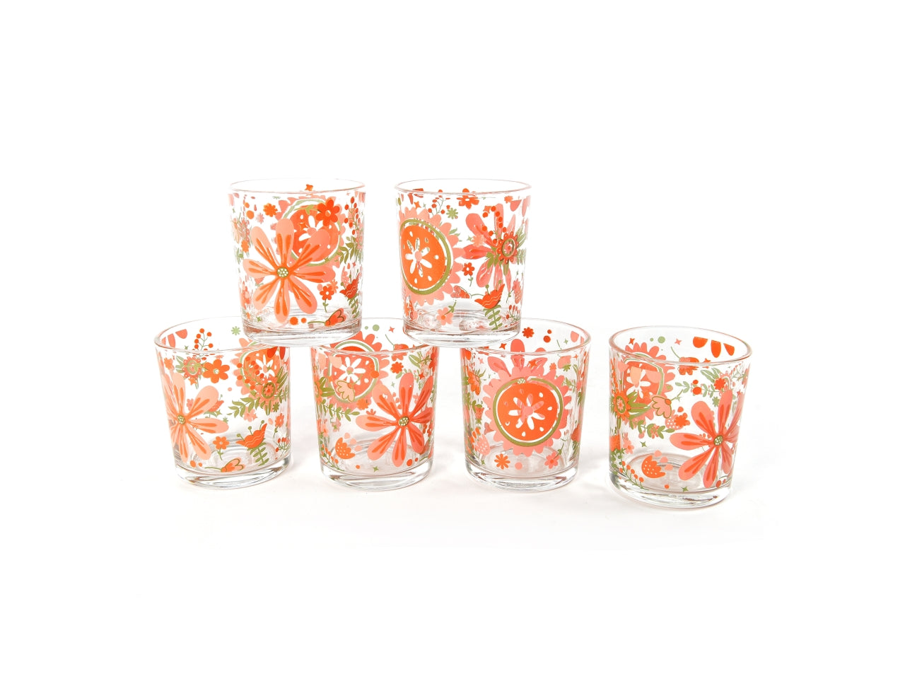 Set da 6 bicchieri giardino fiorito in vetro d.cm 8xh.9 26,5cl in cartonetta regalo