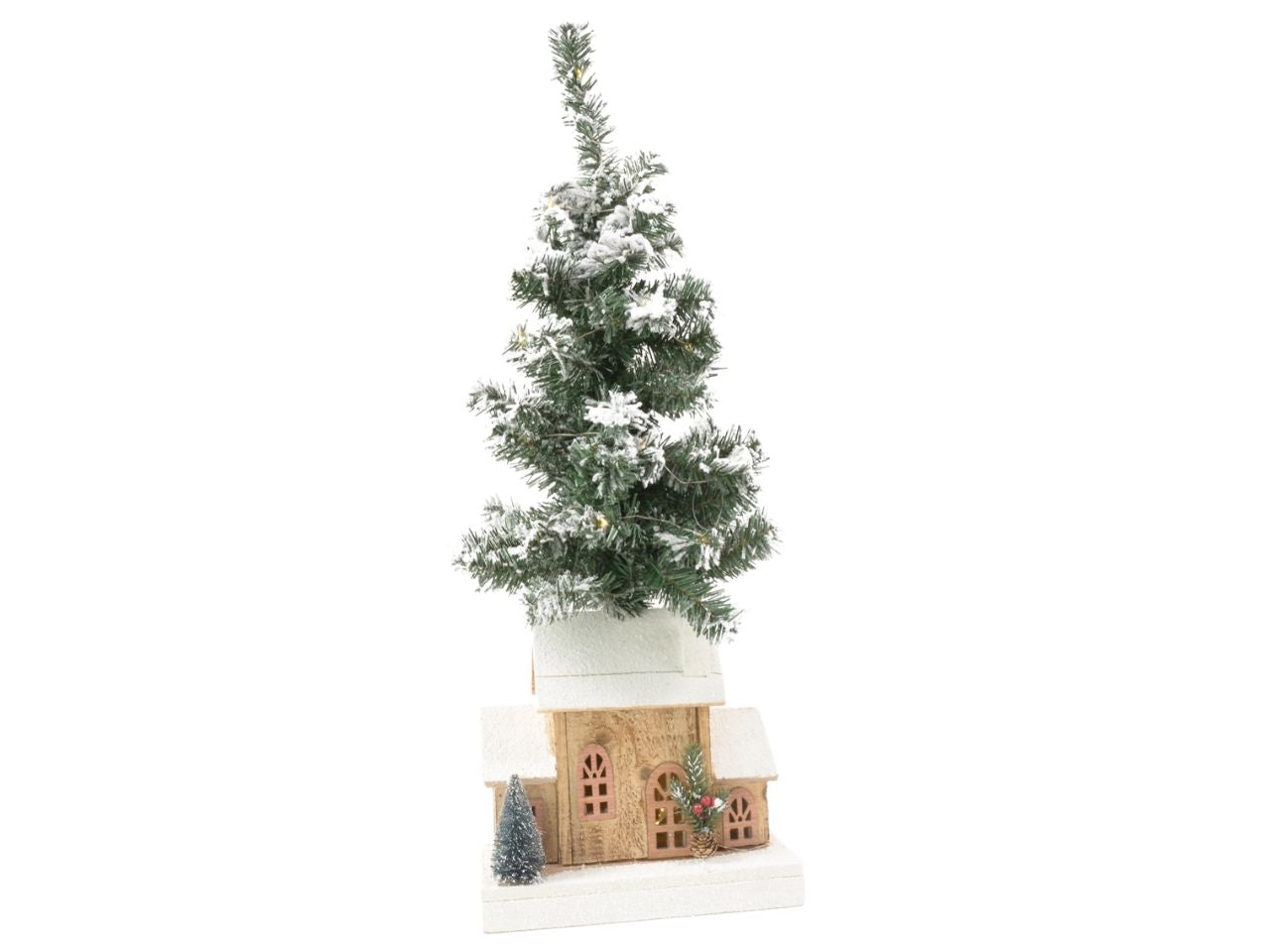 Albero innevato e luci led h.75x26x11cm con casetta legno