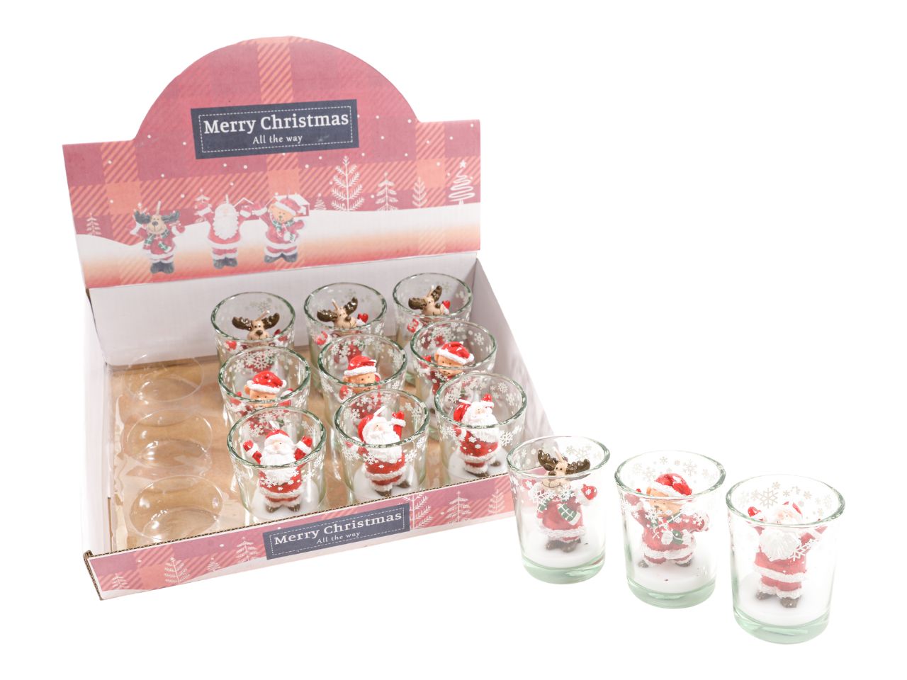 Candela christmas hurrà in bicchierino di vetro misura d.5,5xh.6,7cm design assortiti