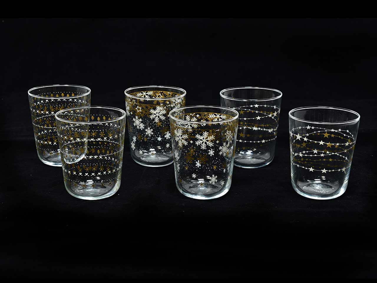 Bicchieri vetro gold stars per acqua 315cc - in set da 6 bicchieri colori assortiti in scatola regalo misura d.8xh9,5cm
