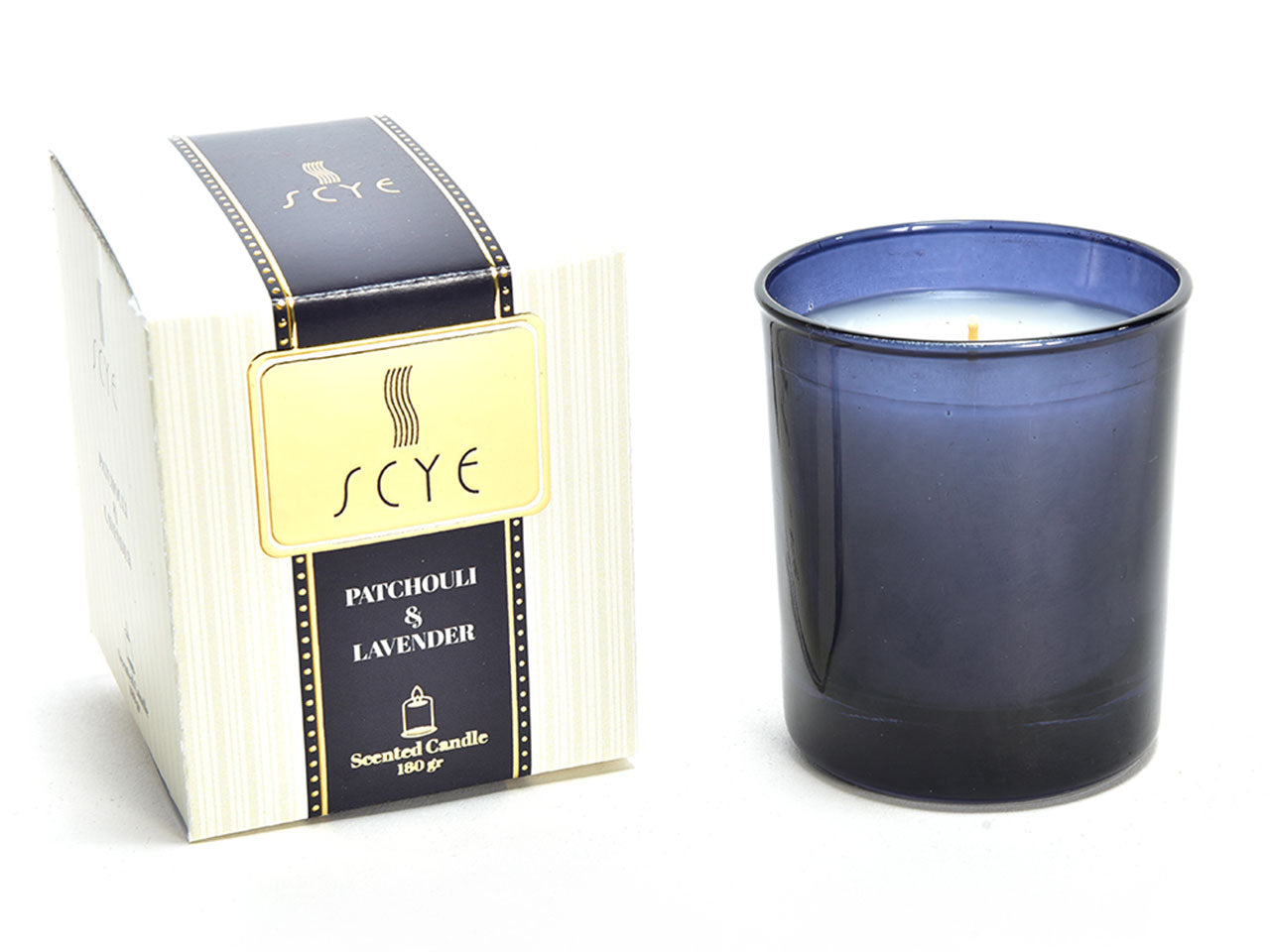 Candela in bicchiere 180gr misura d.7,2xh8,8cm fragranza patchouli e lavanda