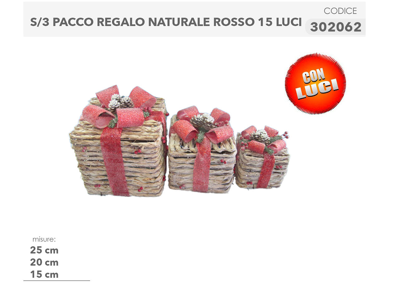 Pacco regalo naturale 3pezzi 25/20/15cm con 15luci