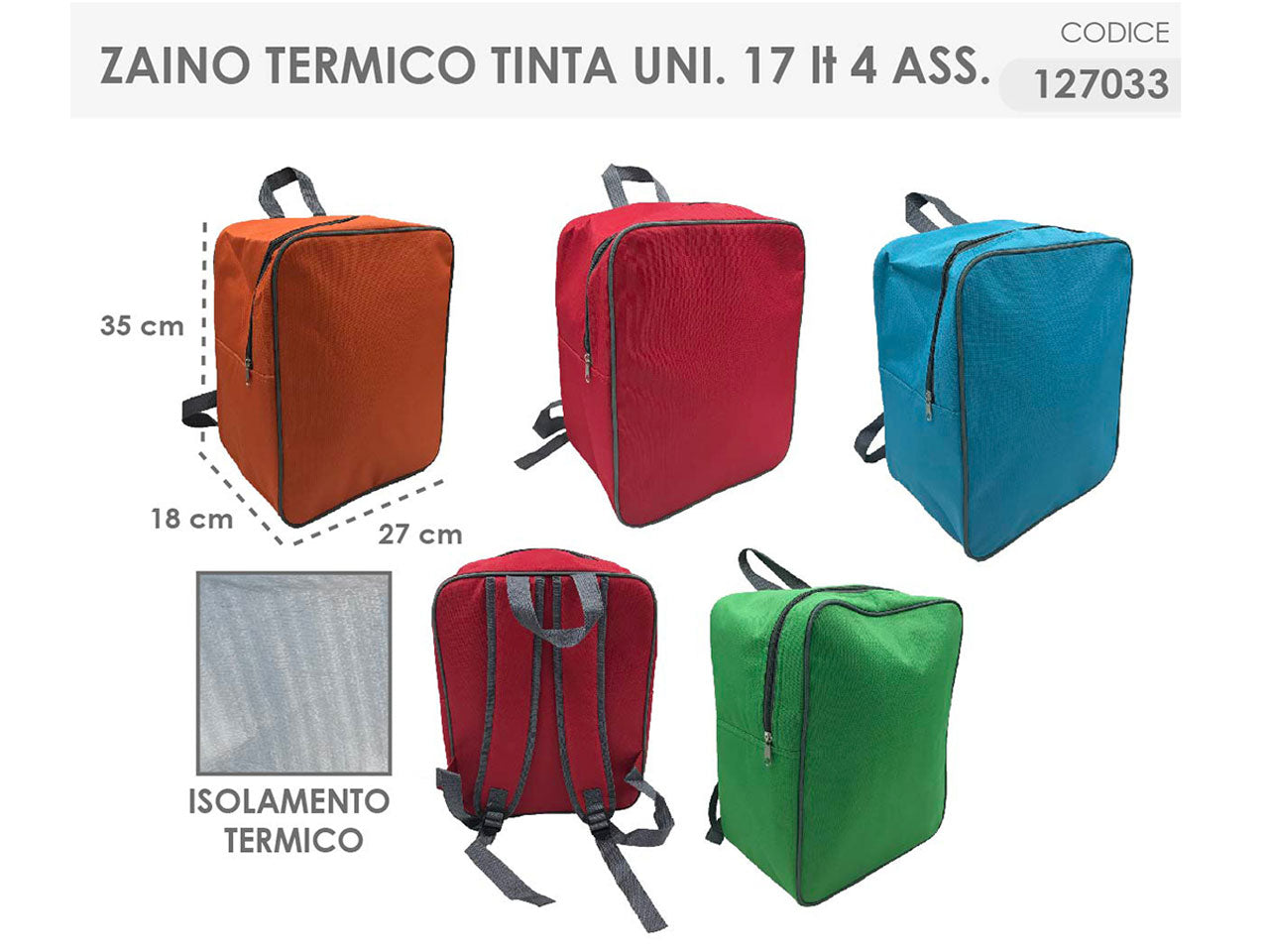 Zaino termico 17l colori assortiti 27x18x35 cm - Casalinghi Del Giudice