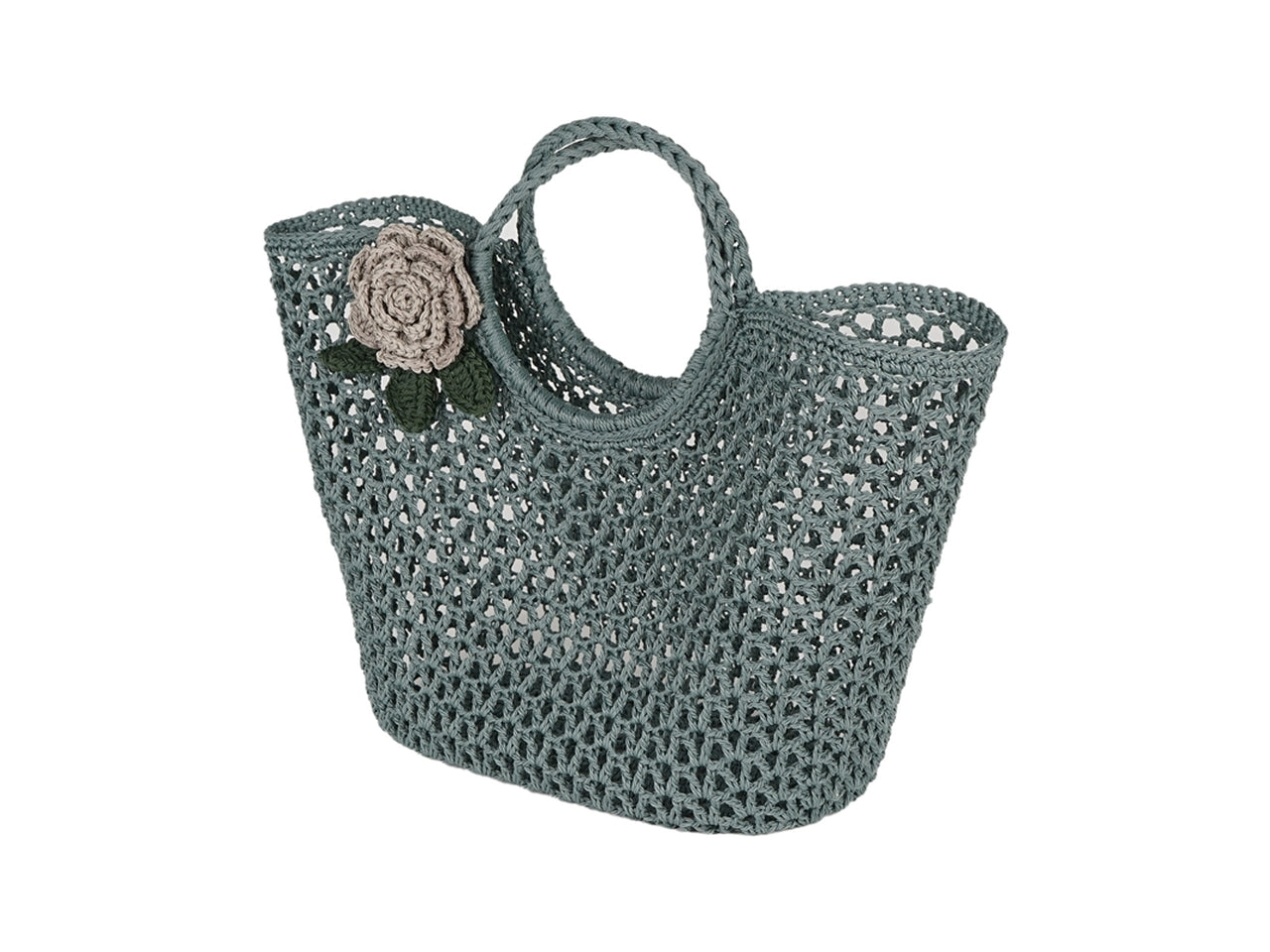 Borsa mare in tessuto verde salvia effetto uncinetto con spilla fiore - 40x25x30 cm - Plàthea