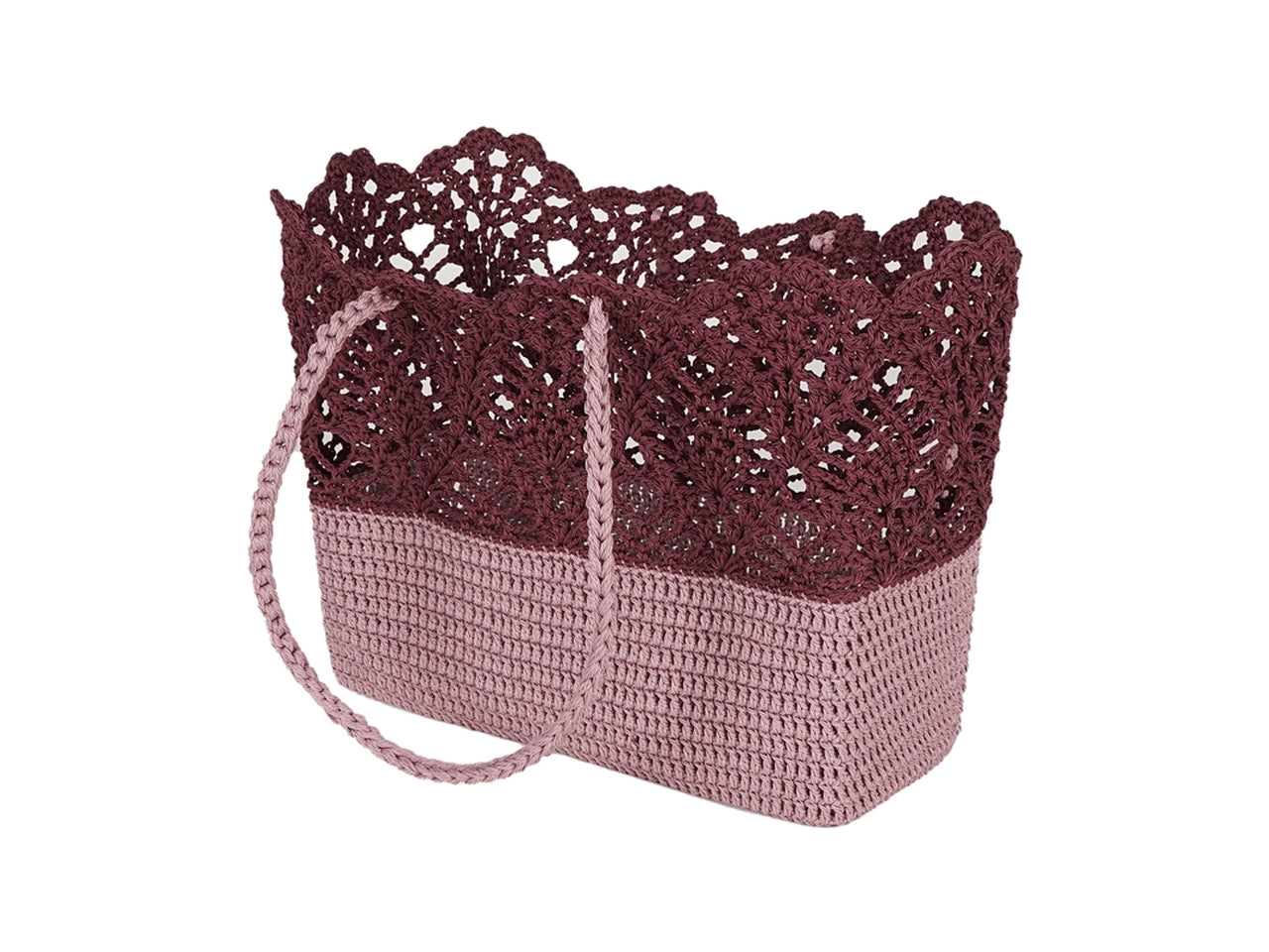 Borsa mare in tessuto bordeaux e rosa lavorazione uncinetto - 40x18x33 cm - Plàthea