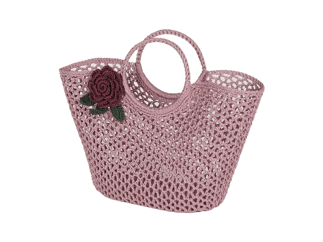 Borsa mare in tessuto rosa antico effetto uncinetto con spilla fiore - 40x25x30 cm - Plàthea