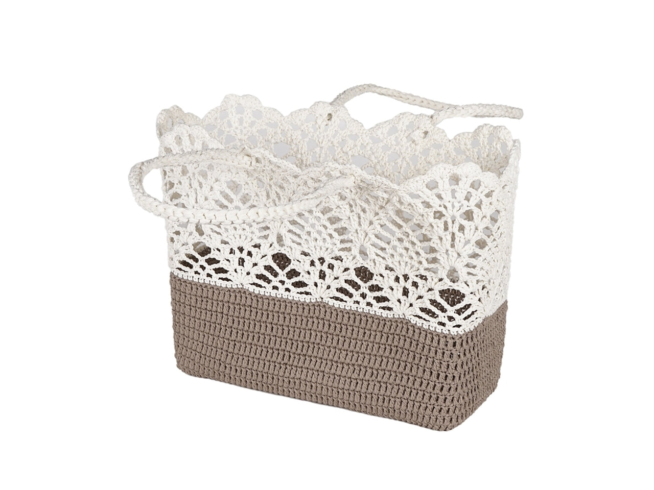 Borsa mare in tessuto bianco e tortora lavorazione uncinetto - 40x18x33 cm - Plàthea