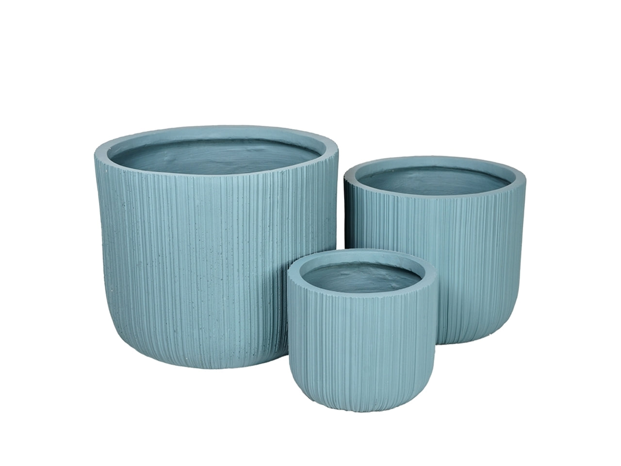 Set da 3 - Cachepot vaso porta piante moderno in resina celeste, cilindrico per interno/esterno con lavorazione verticali a rilievo - altezza: grande 44x35 cm, medio 35x28 cm, piccolo 24x21 cm - Plàthea