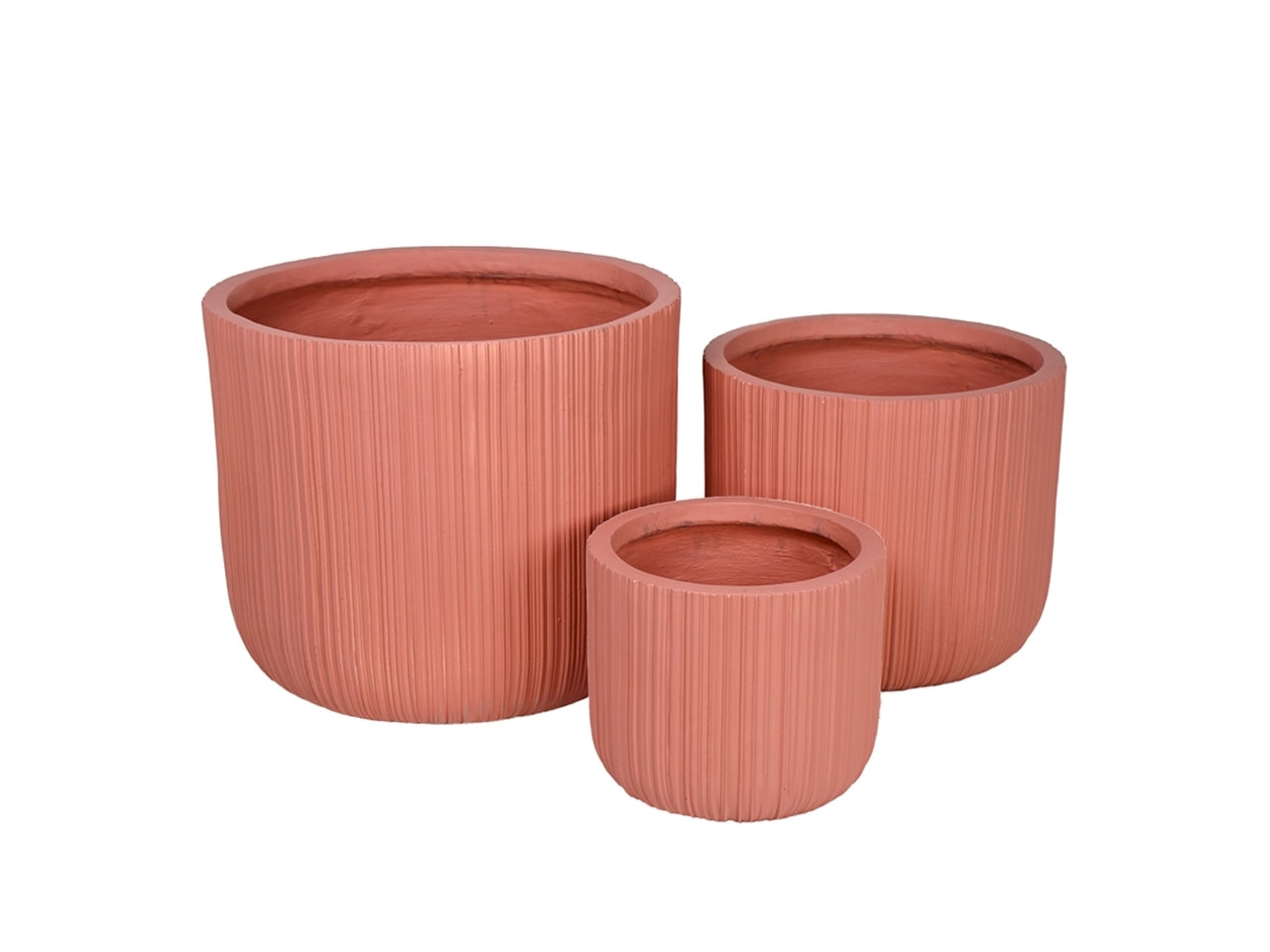 Set da 3 - Cachepot vaso porta piante moderno in resina rosa pesca, cilindrico per interno/esterno con lavorazione verticali a rilievo - altezza: grande 44x35 cm, medio 35x28 cm, piccolo 24x21 cm - Plàthea