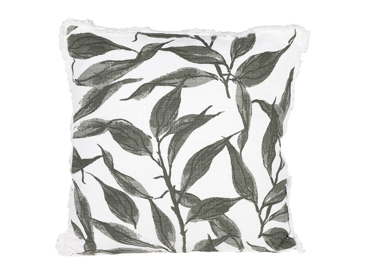 Cuscino decorativo quadrato bianco con foglie stampate verdone, country in cotone sfoderabile 45x45 cm - Plàthea