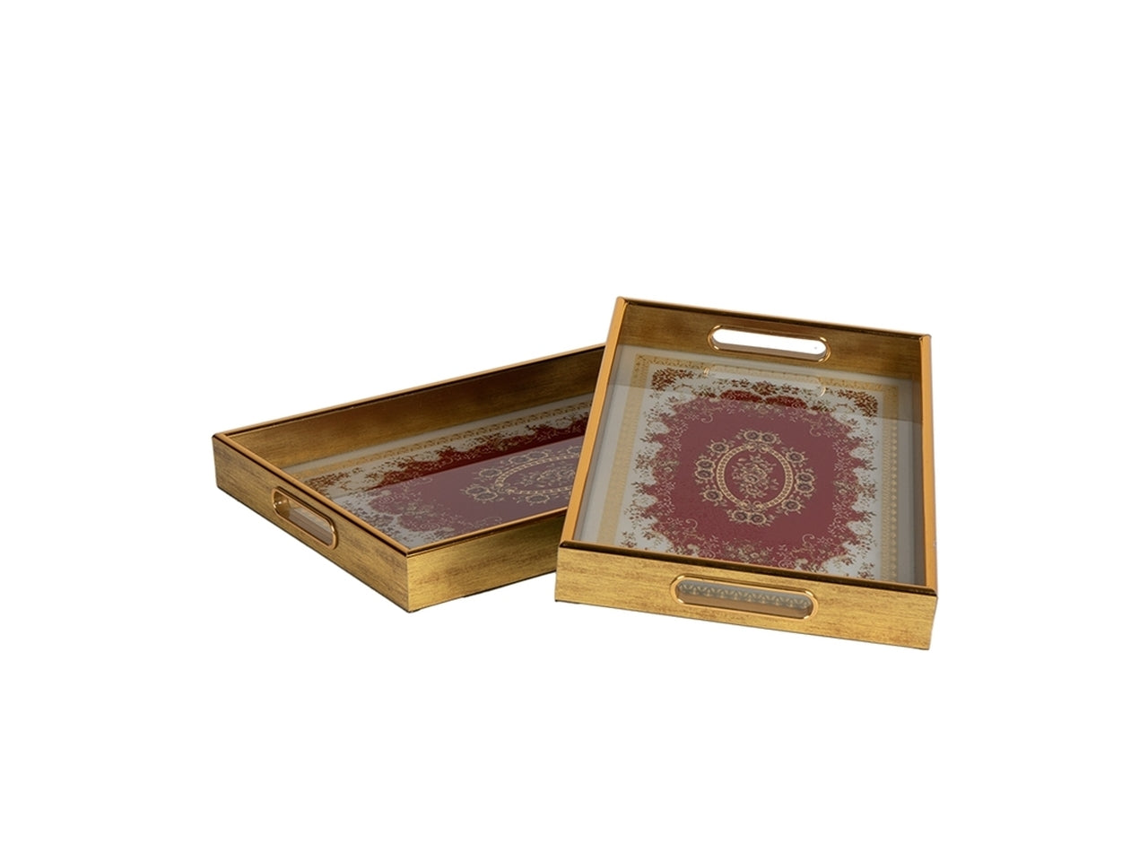 Set di due vassoi oro e rossi rettangolari in vetro e legno