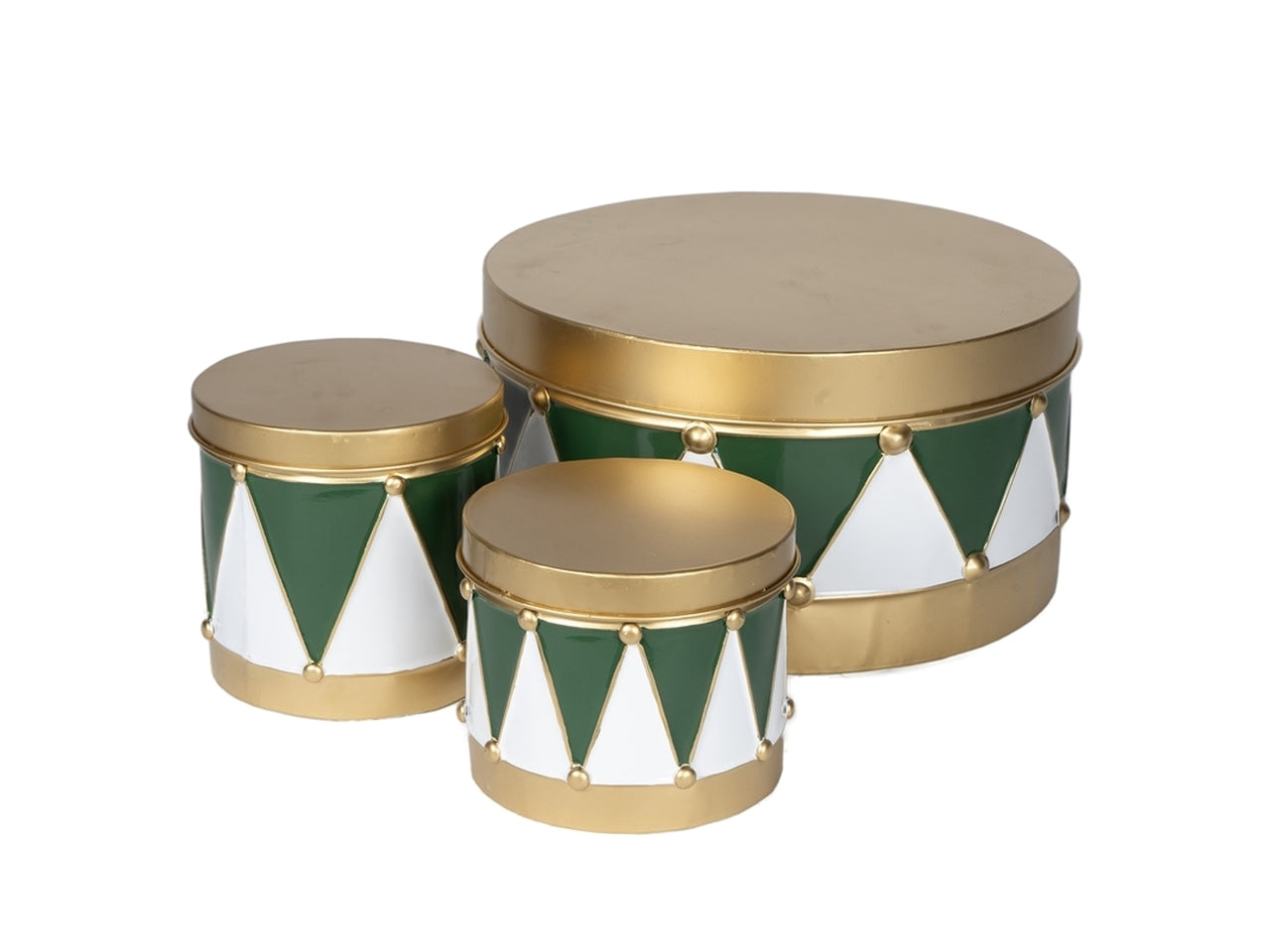 Set da tre box tamburi in metallo oro e verde