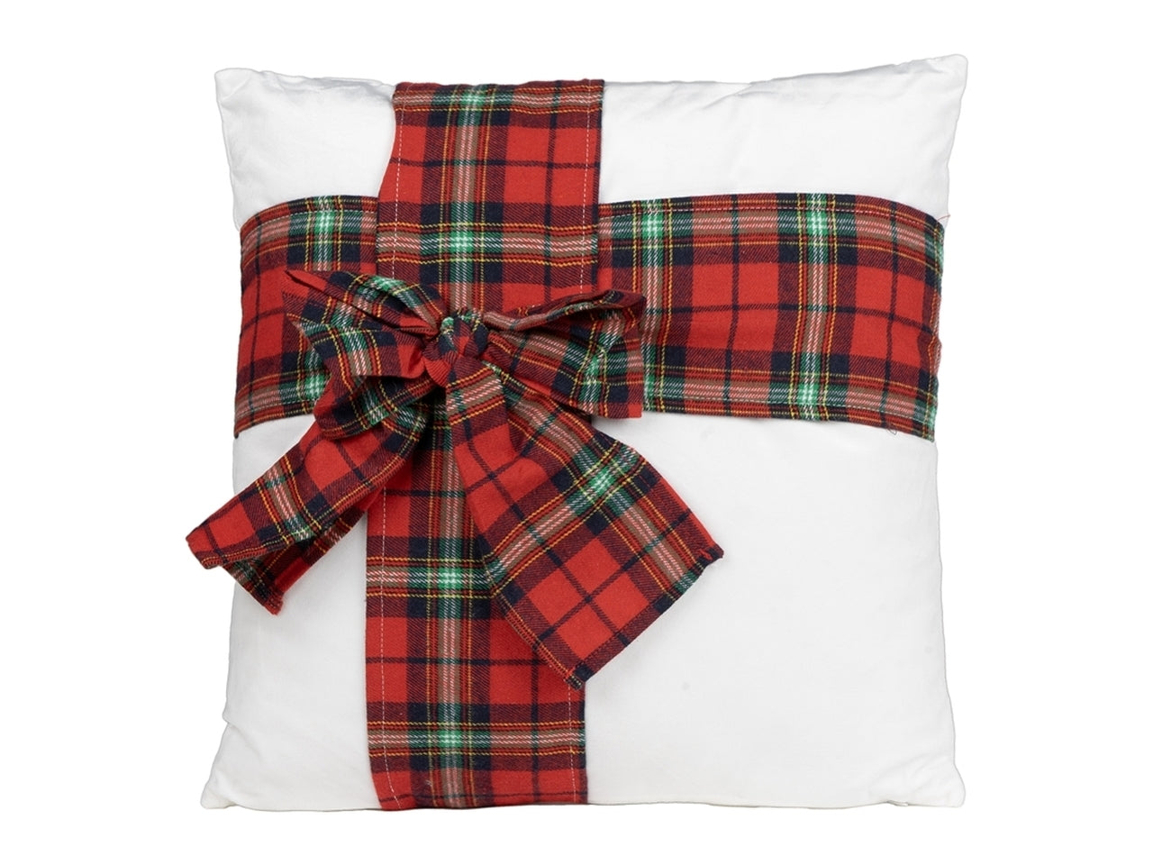 Cuscino natalizio 40x40cm bianco con fiocco decorativo scozzese