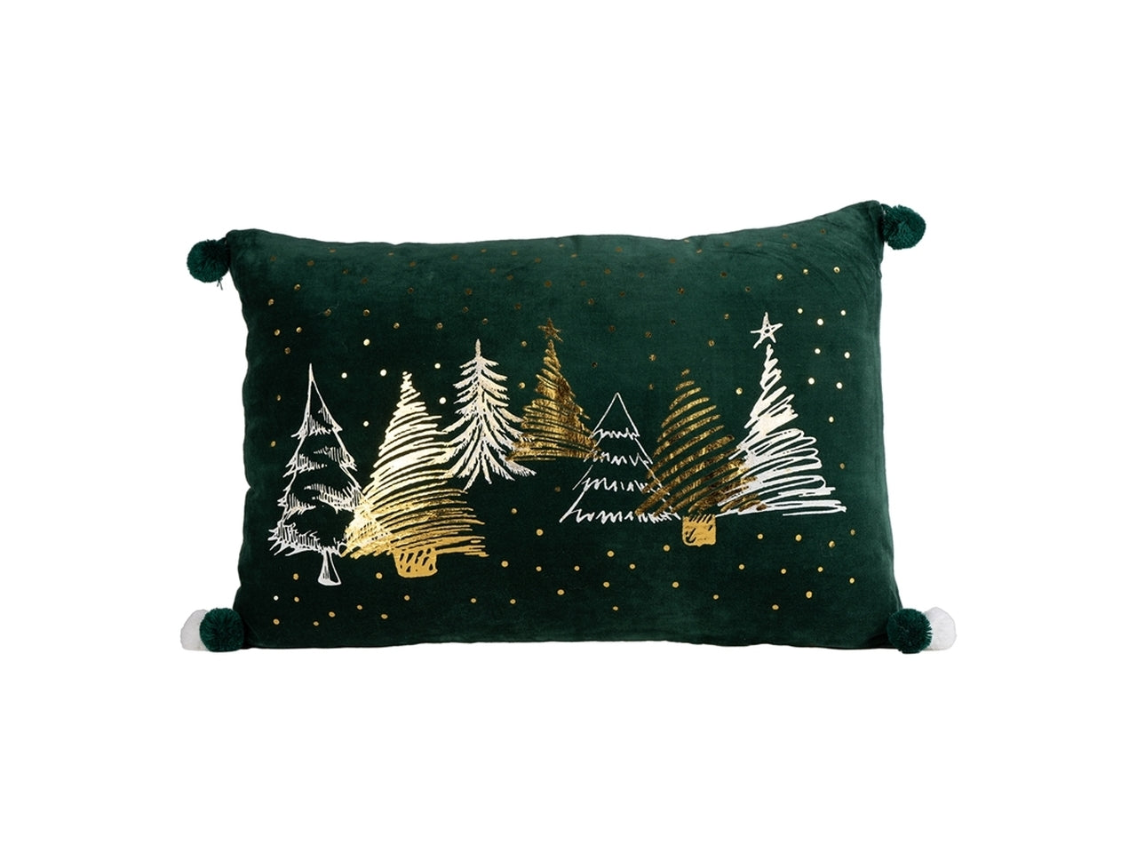 Cuscino natalizio 40x60cm in velluto verde con pom-pom e decorazione alberi