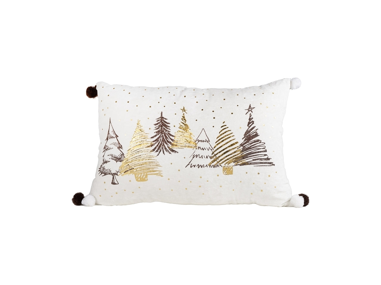 Cuscino natalizio 40x60cm in velluto avorio con pom-pom e decorazione alberi