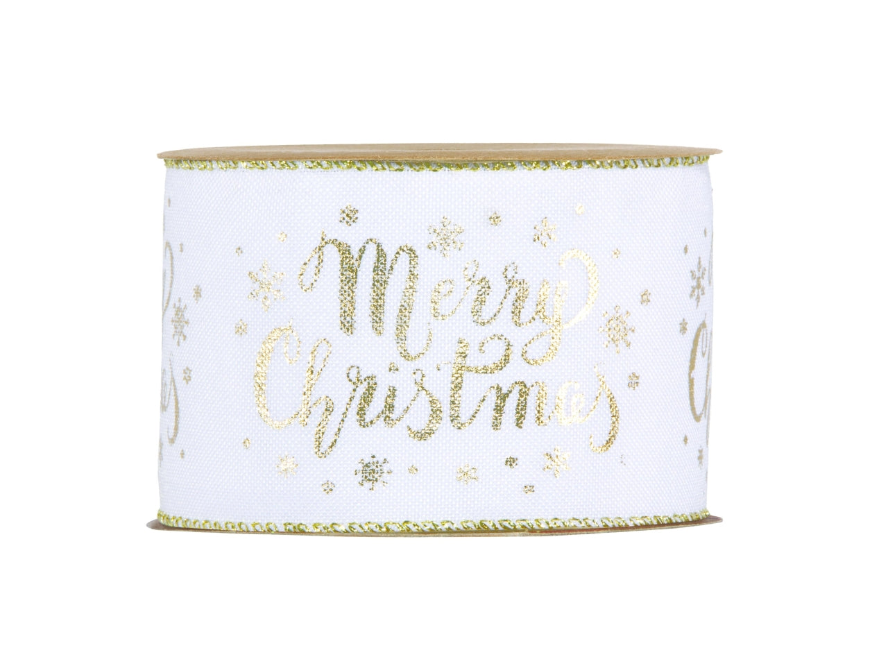 Nastro regalo natalizio bianco con scritta dorata "Merry Christmas" in poliestere 6,3 cm x 10 m - Piovaccari