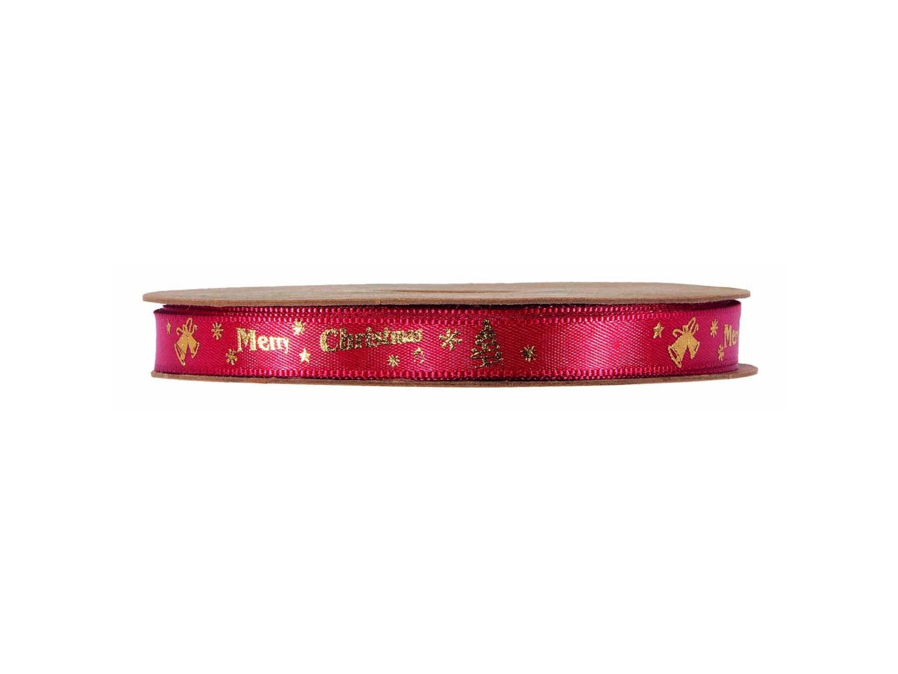 Nastro regalo rosso con scritta Merry christmas e campane dorate in poliestere 1cm x 25m  - Piovaccari