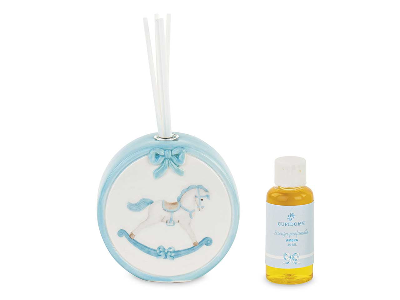 Diffusore con bacchette e decorazione cavallo azzurro 30ml fragranza ambra