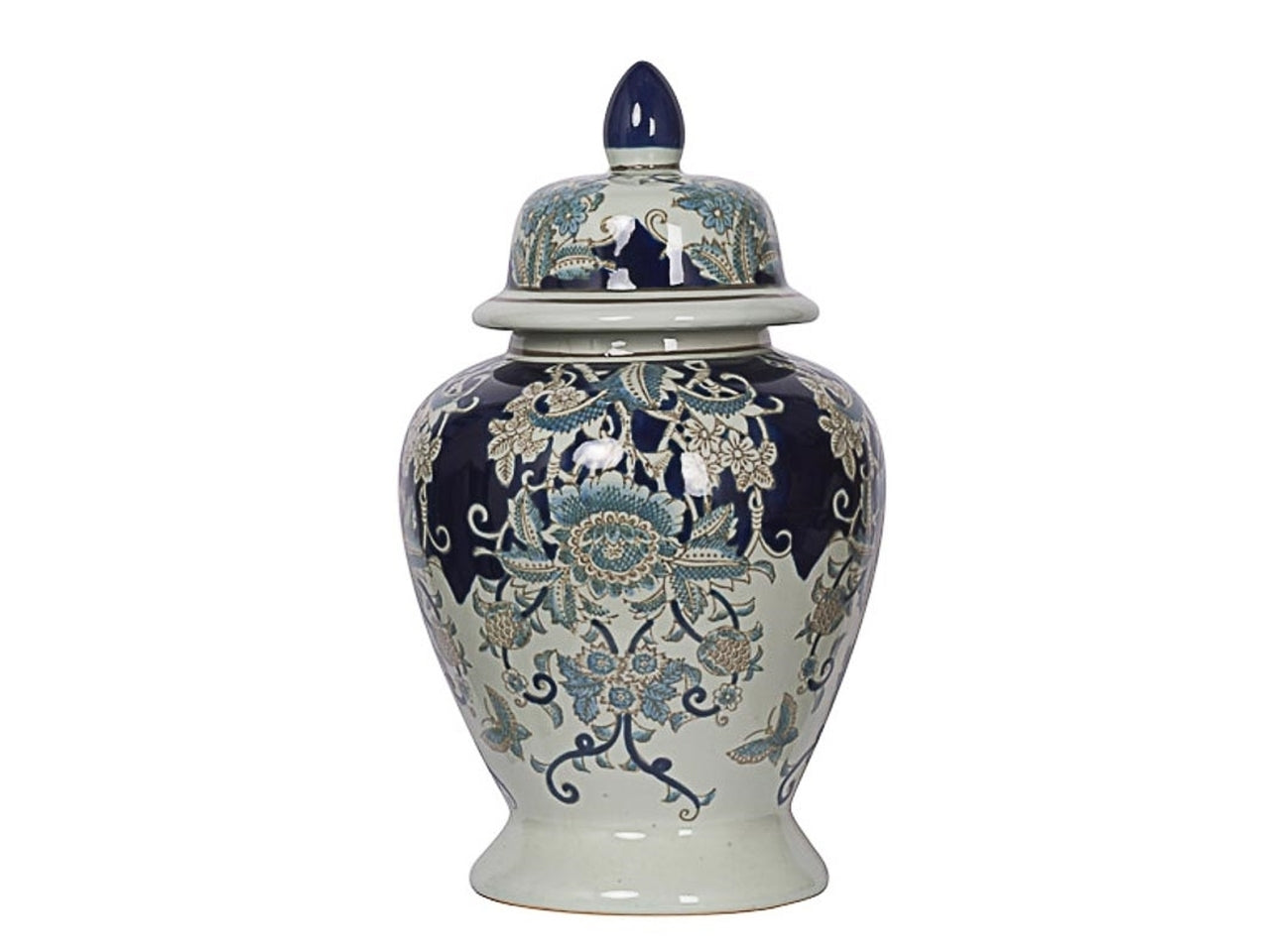 Vaso d'arredo con coperchio vintage, in porcellana blu e avorio forma rotondeggiante, fantasia floreale orientale - d.25x42cm - Plàthea