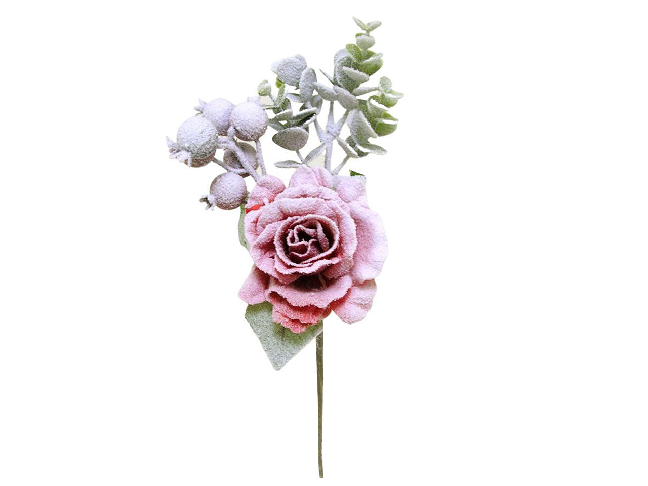 Mazzetto di rose ed eucalyptus spruzzato innevato misura 36cm colore rosso