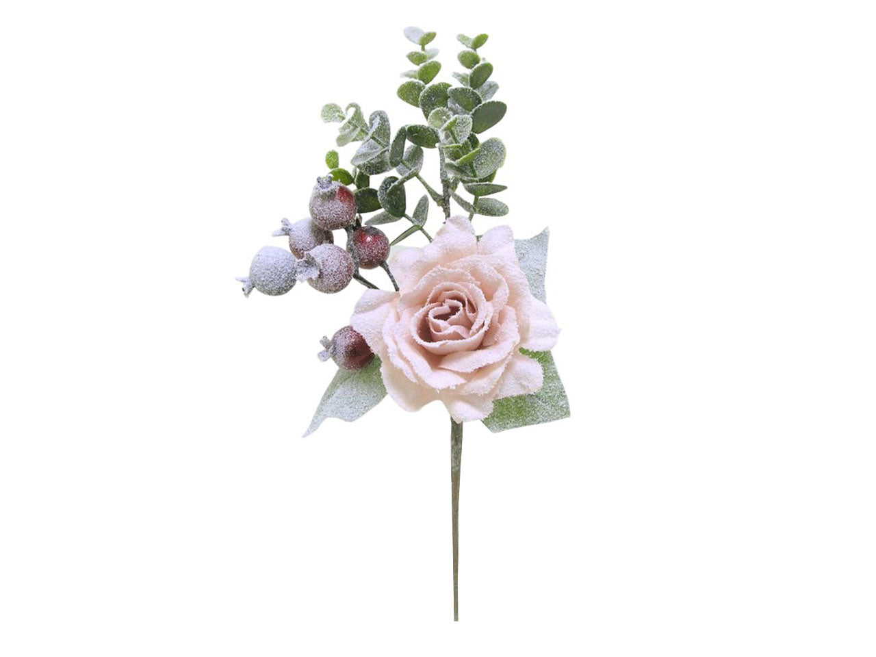 Mazzetto di rose ed eucalyptus spruzzato innevato misura 36cm colore rosa
