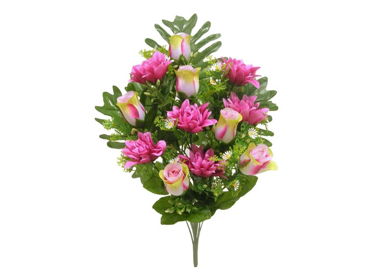 Mazzo frontale di zinna e rose colore fuxia