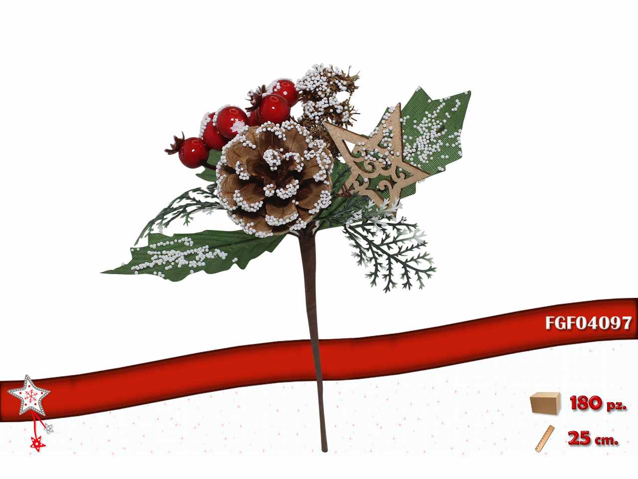 Pick con bacche rosse e decorazioni 25cm