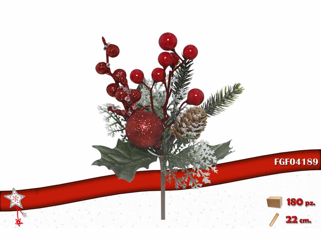 Pick con bacche rosse e decorazioni 22cm