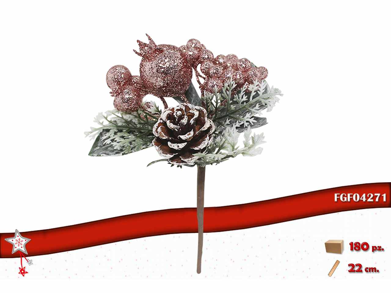 Pick con bacche rosa e pigna 22cm