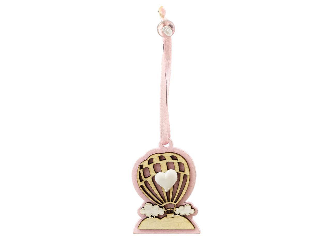 Appendino mongolfiera in legno rosa e cuore in gesso