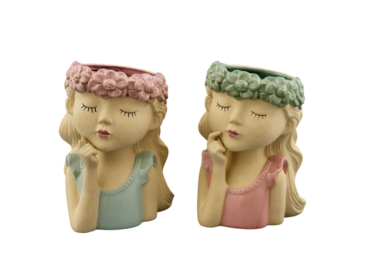 Vaso Mezzo Busto Donna in Stile Floreale - Ceramica Laccata e Ruvida, Beige con Sfumature di Rosa, Design Italiano, 21,5x15x15cm