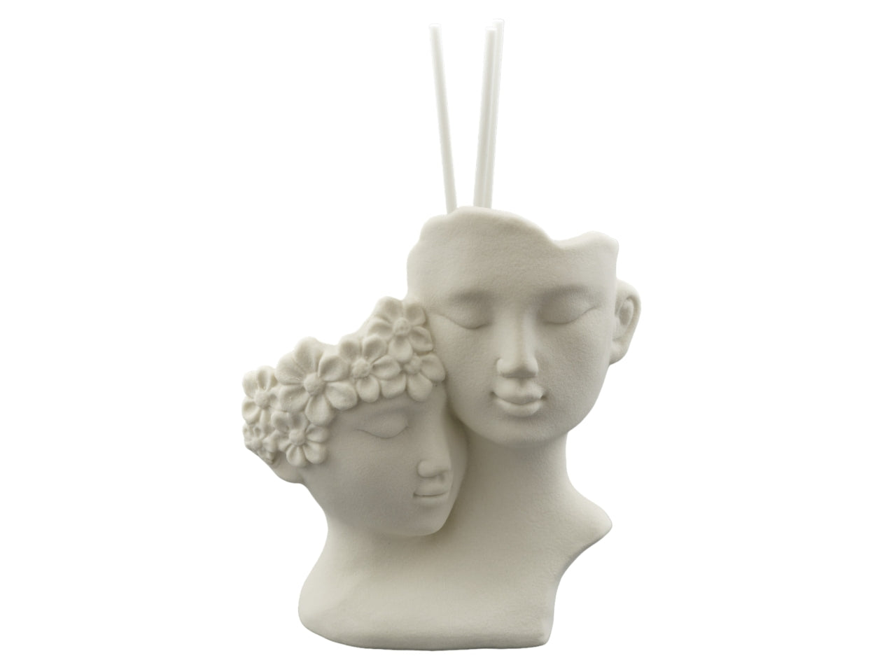 Profumatore con scatola regalo in Porcella/Ceramica ruvida bianca Coppia Abbracciata con Rilievi Floreali, 12cm - Design Italiano