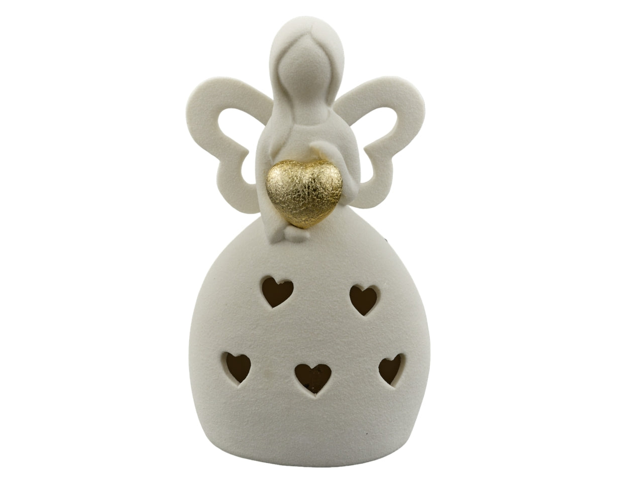 Bomboniera religiosa Profumatore Angioletto Ali Cuore con LED - Scatola Regalo, Bianco e Oro, Resina - Design Italiano - 9x7x15cm