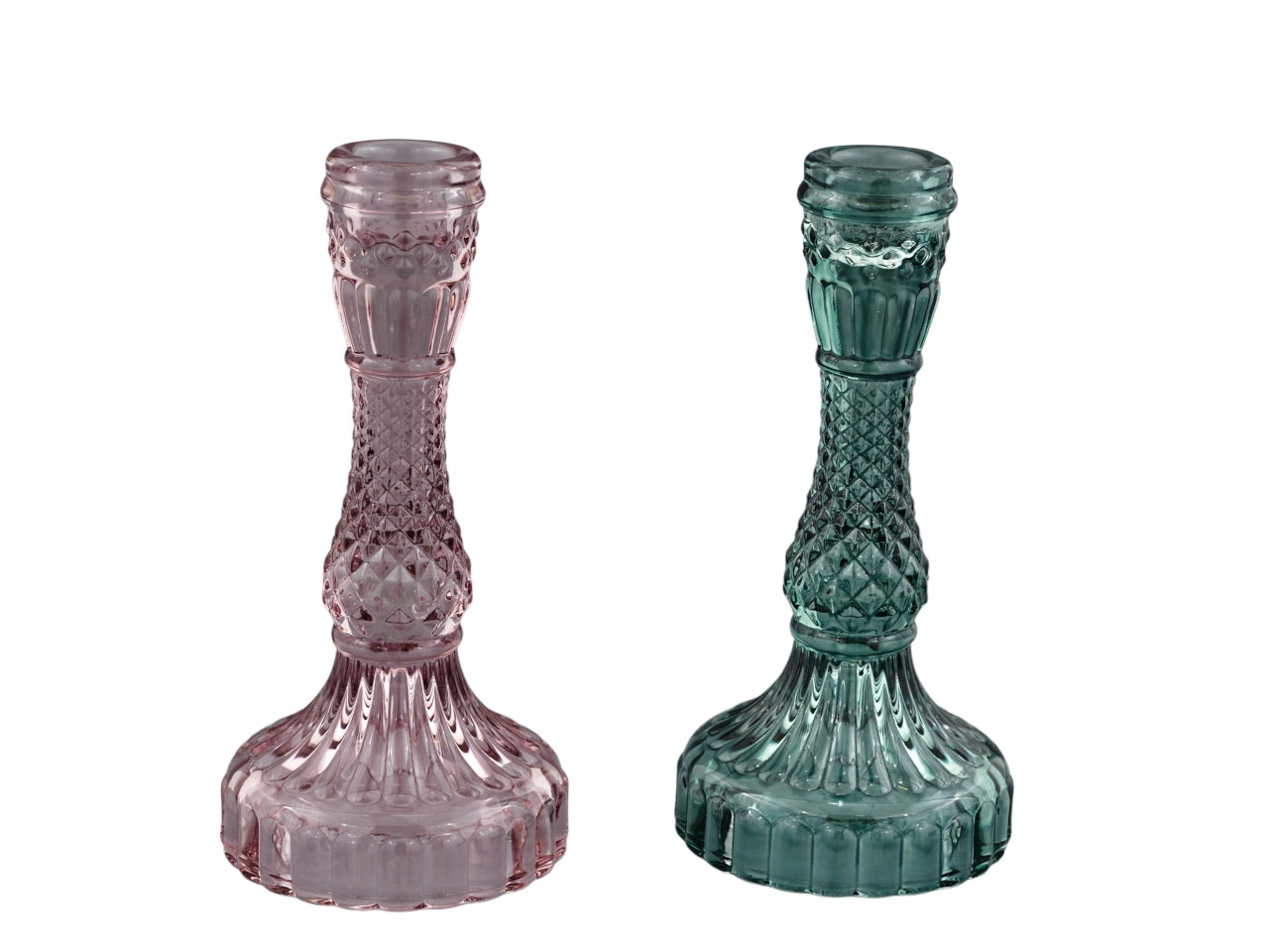 Candeliere Monocandela Rosa e Verde in Vetro Colorato, Stile Moderno - Altezza 17cm