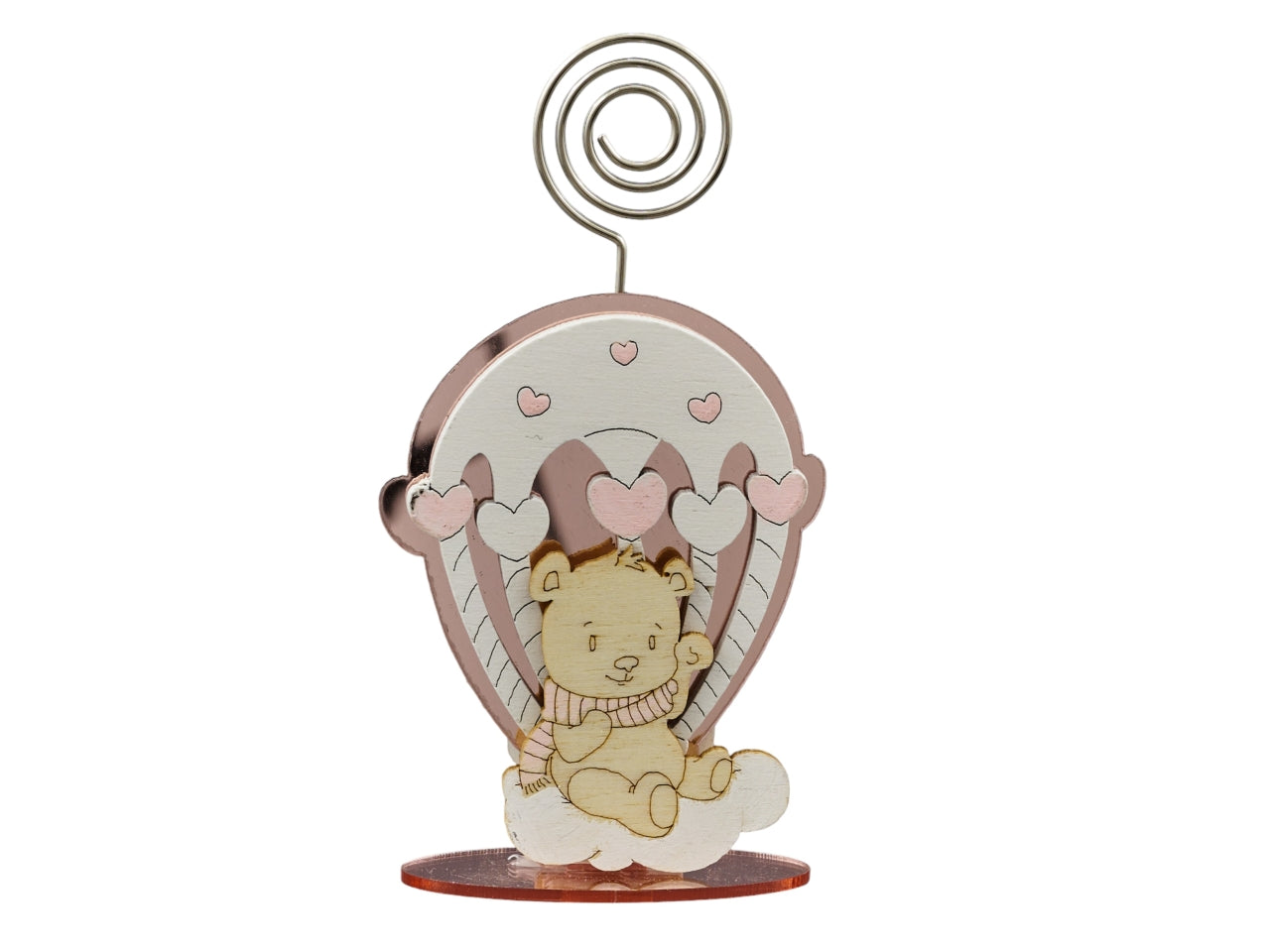 Rosa plex clip mongolfiera orsetto in legno misura 5x2,5x10cm