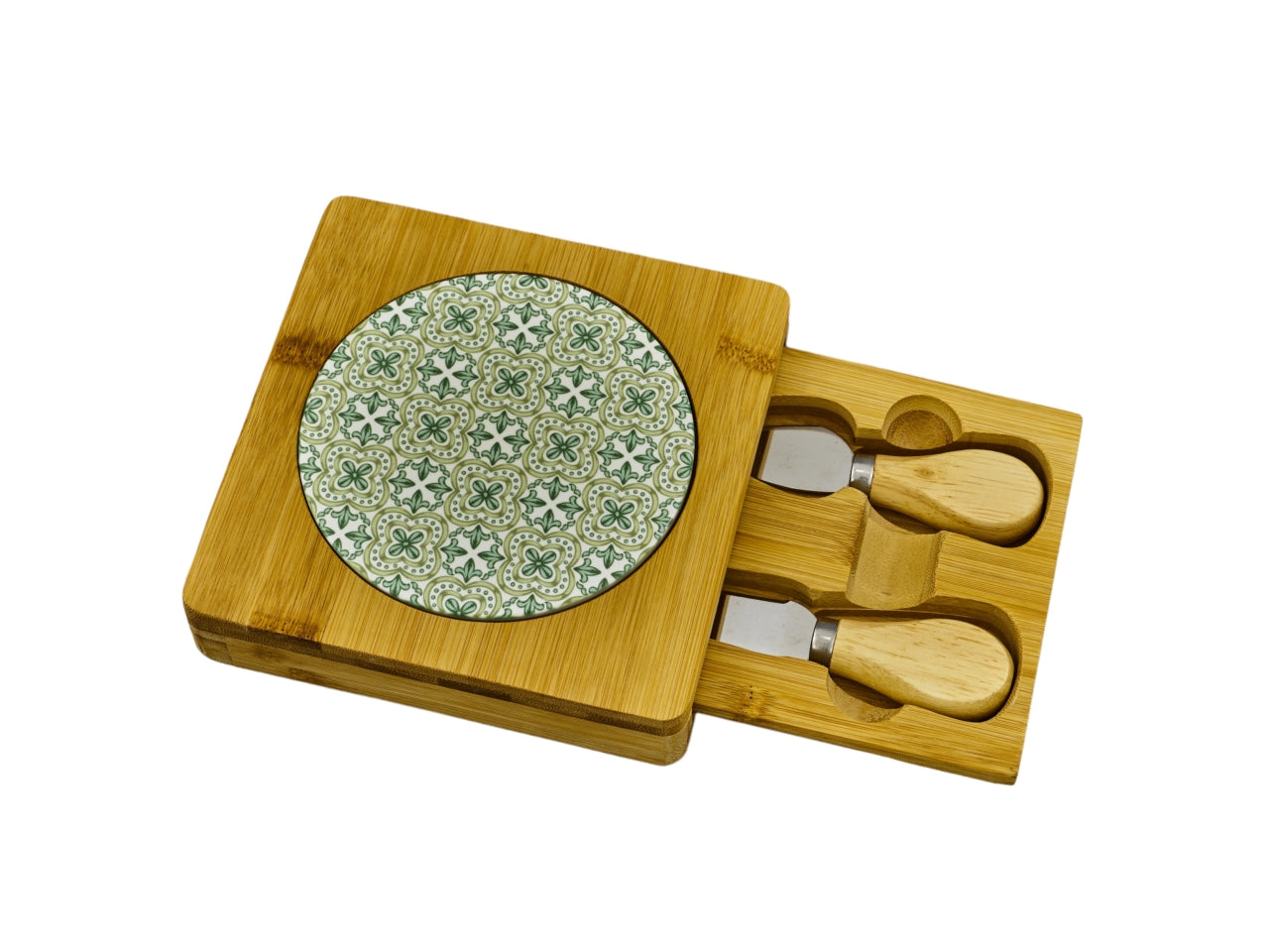 Set Tagliere Melograno in Legno Bamboo e Ceramica Verde - 12x12 cm con Accessori, perfetto come idea regalo