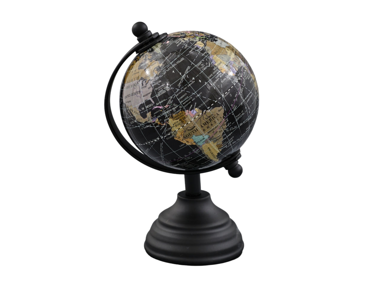 Mappamondo Decorativo Industrial 'Black', Colore Nero con Dettagli Beige, Grigio e Verdone, Alluminio e Plastica, Design Italiano, con Base a Piedistallo e Rotazione Manuale - 14,5cm