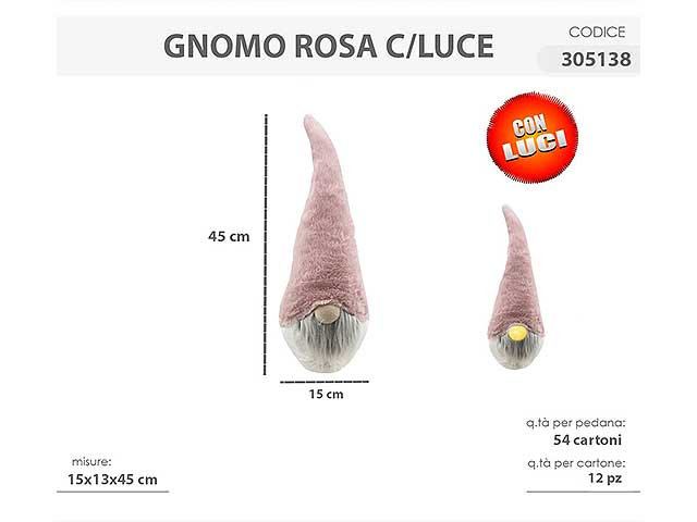 Gnomo rosa c/luce 15x13x45cm 305138
