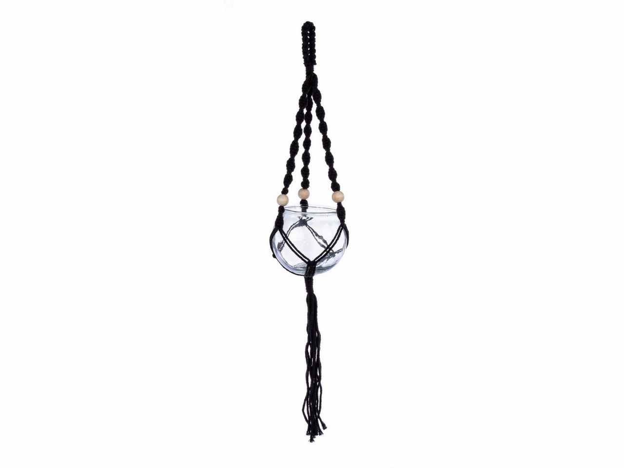 Porta vaso a sospensione linea peruvian in vetro e cotone colore nero d.15xh.84cm