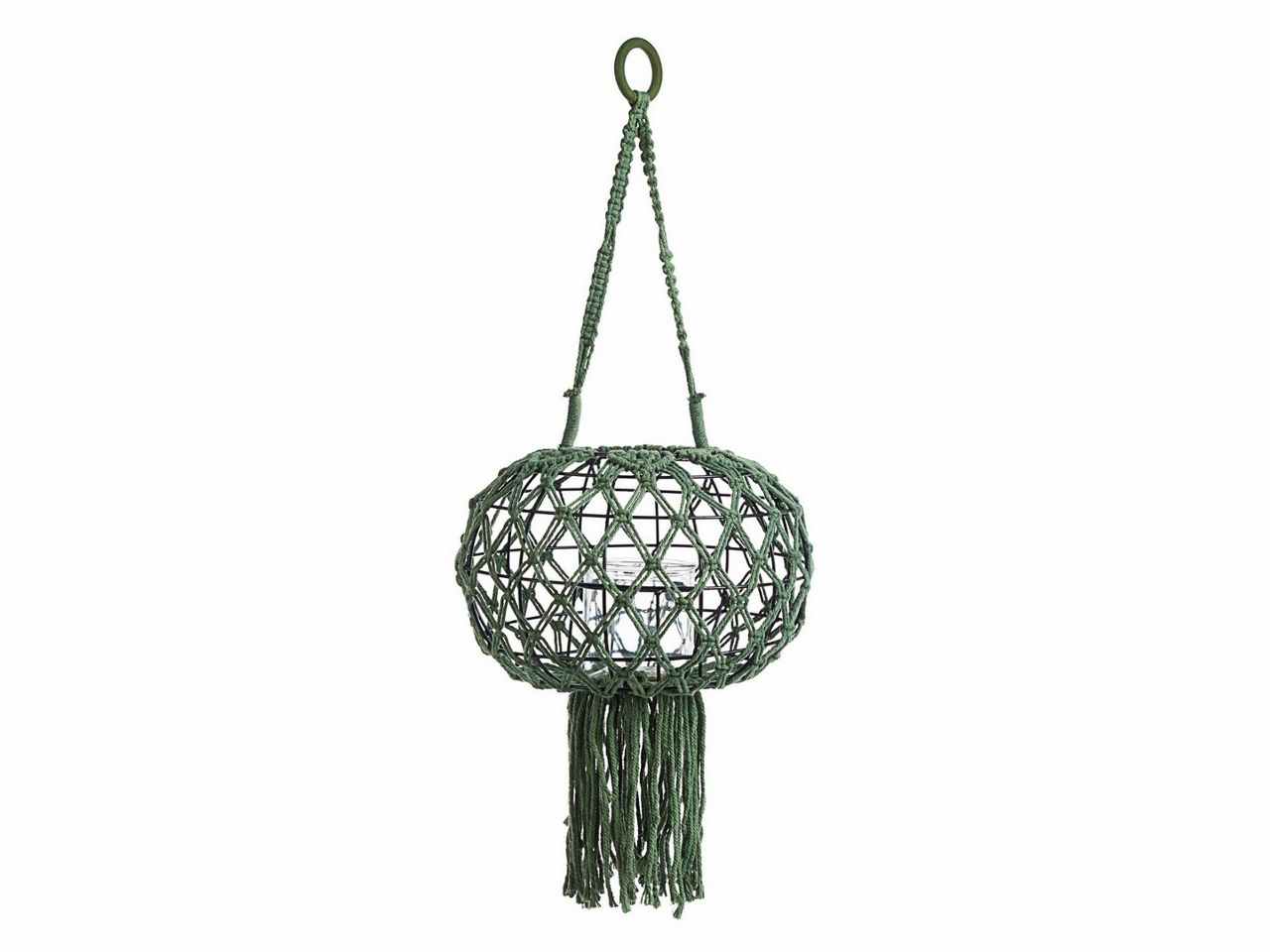 Lanterna a sospensione stile fusion in macrame metallo e vetro colore verde d.31xh.70cm