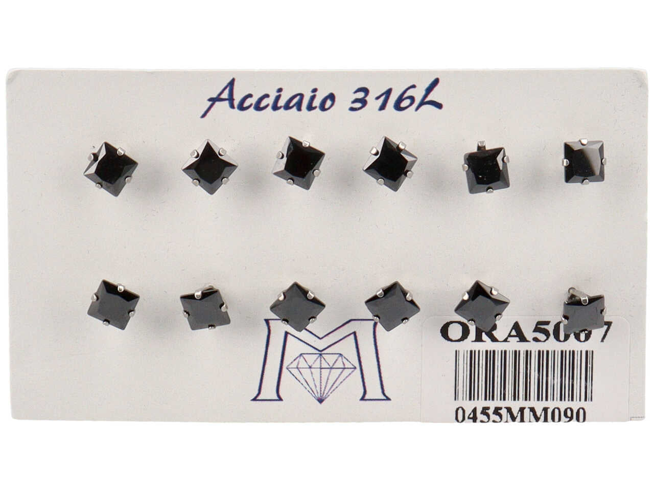 Orecchini con zirconi neri quadrati 5mm- la confezione contiene 6 paia