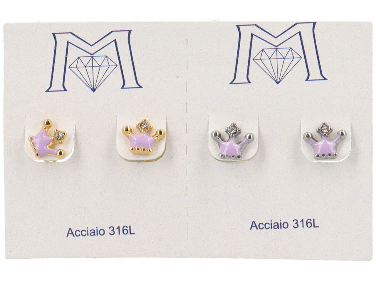 Orecchini acciaio  corona lilla gold e silver - confezione 2 paia