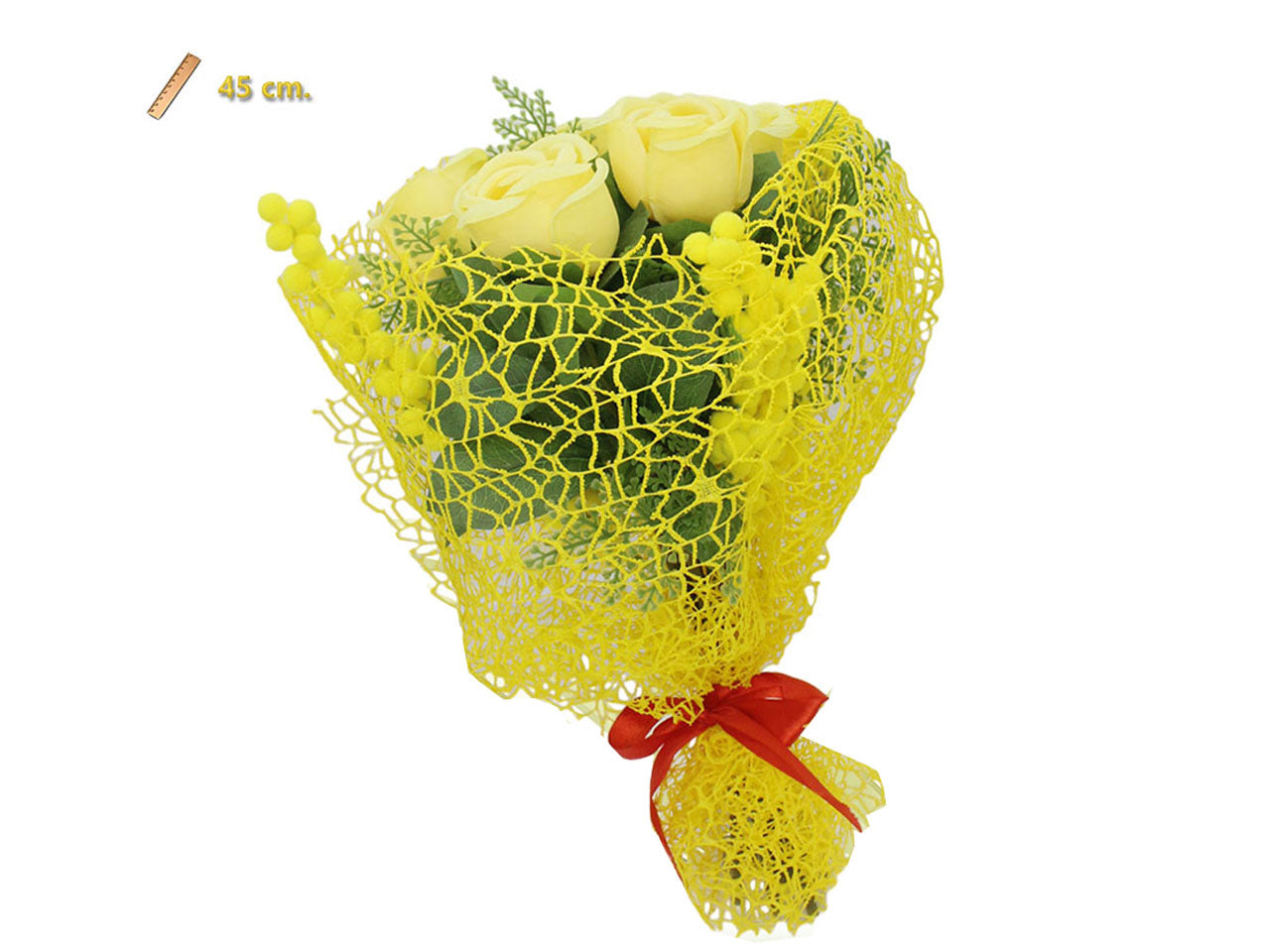 Fascio 9 rose con mimose con rete 45cm