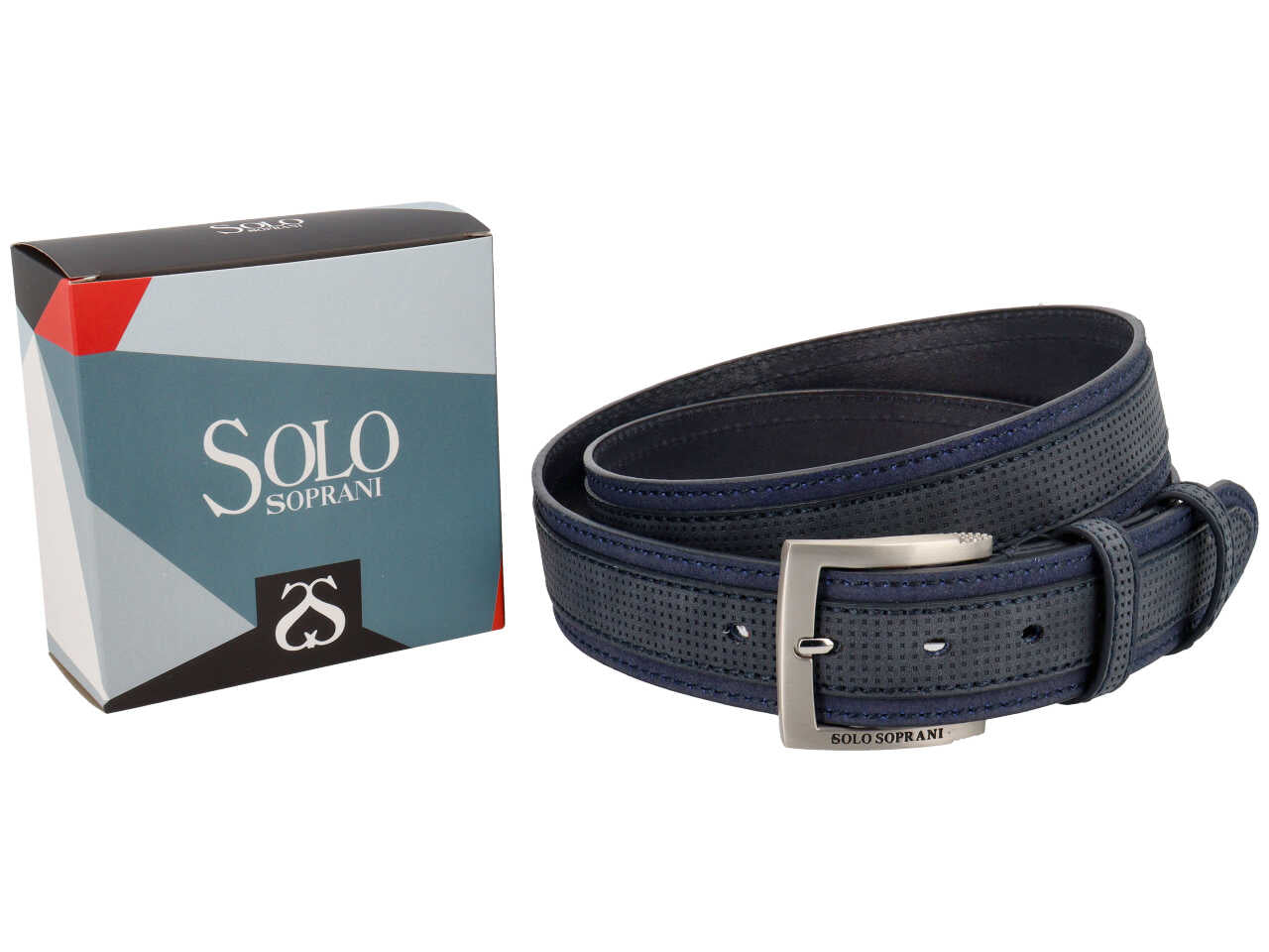 Cintura da uomo blu in similpelle con decoro quadrettato e fibbia argento, larghezza 4 cm in taglie assortite dalla 115 alla 130 cm - Solo Soprani