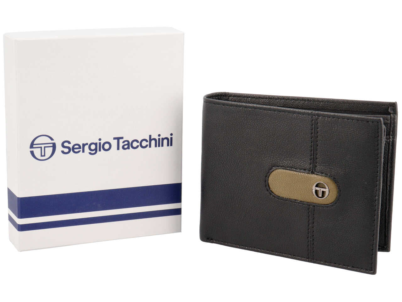 Portafoglio da uomo in pelle nero con inserto verde oliva, 10x13 cm - Sergio Tacchini