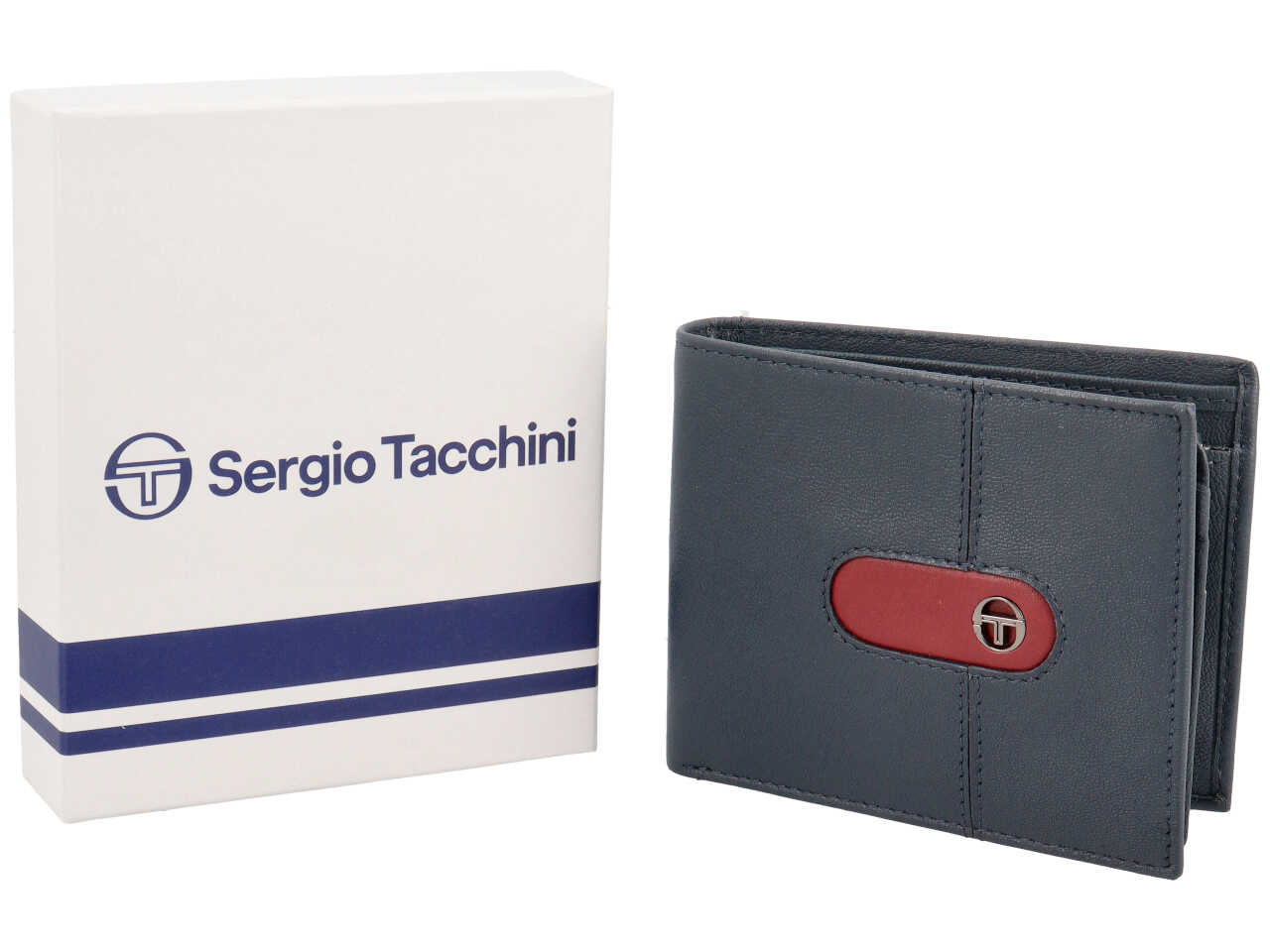 Portafoglio da uomo in pelle blu con inserto bordeaux, 9x11,5 cm - Sergio Tacchini